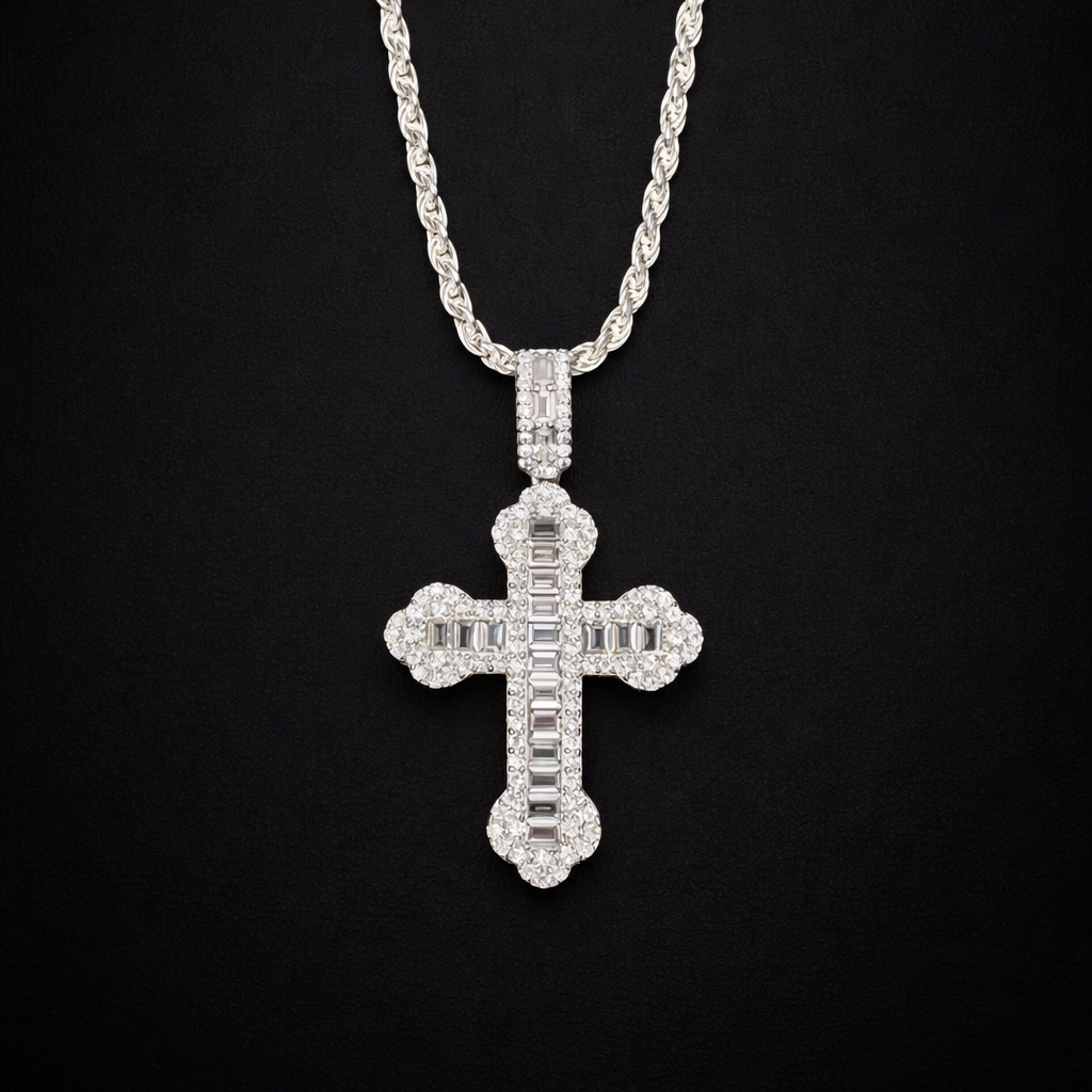 Cross Baguette Clear Iced Pendant