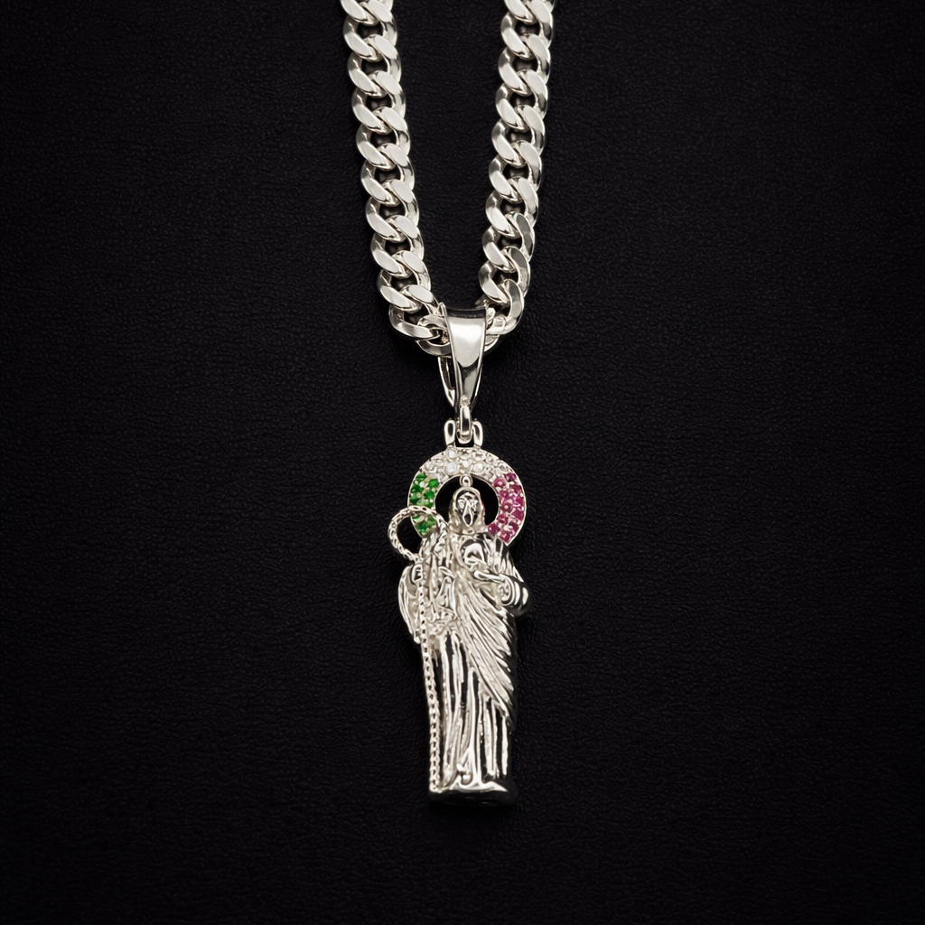 San Judas Clear Green Red Iced Pendant